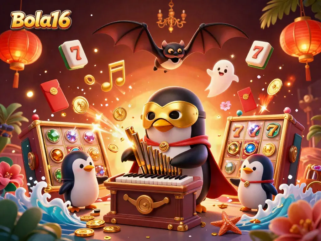 Bola16 combines excitement and strategy in a vibrant casino-themed scene with a dynamic penguin and jackpot symbols.