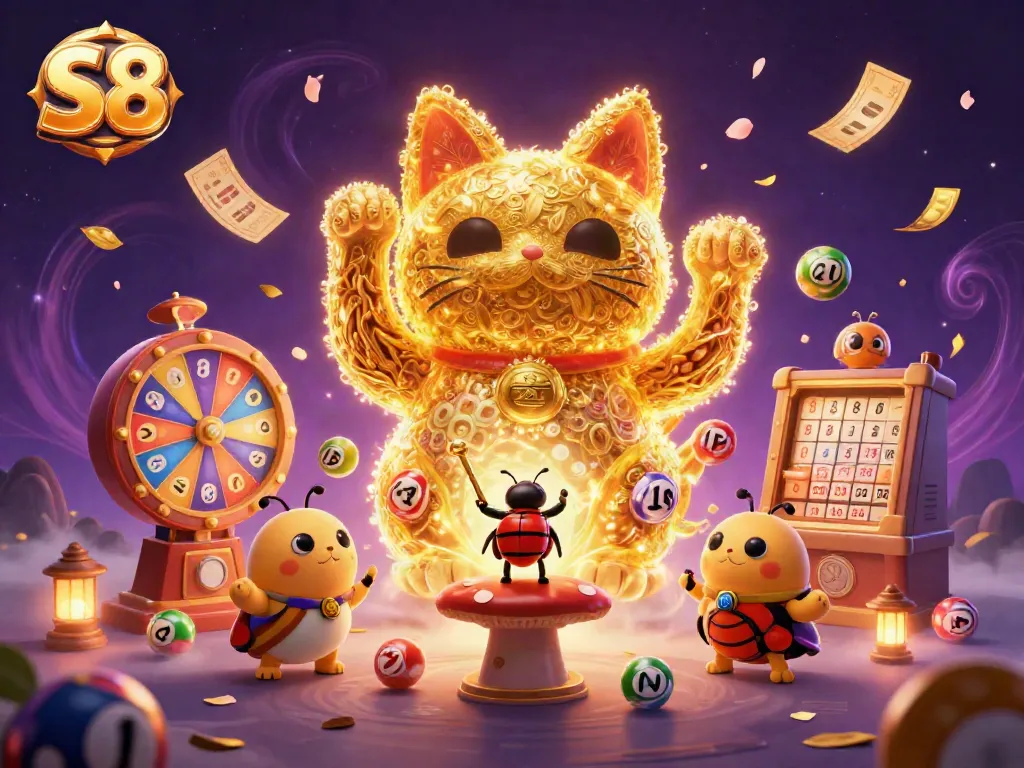 S8 captivates with a dynamic scene of a lucky cat animated by golden fireflies amidst vibrant lottery elements.