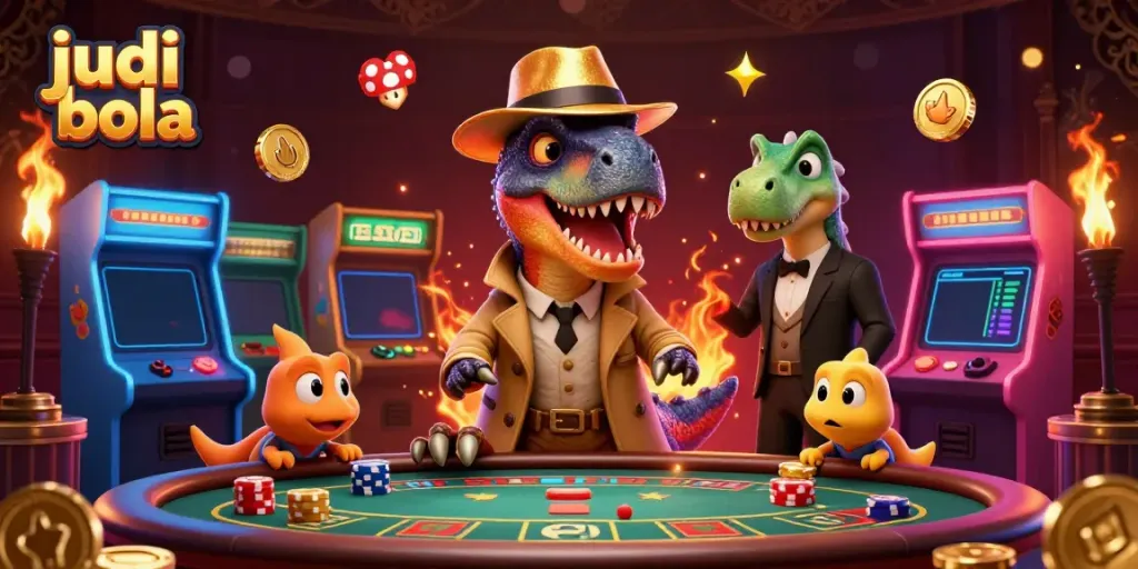 Engage in judi bola with a stealthy velociraptor card counter and vibrant casino elements.
