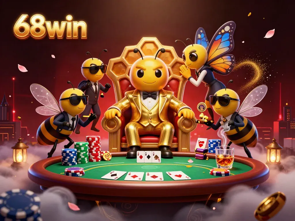 Experience the excitement of 68win with a vibrant casino scene featuring a cartoon bumblebee mob boss in a lavish honeycomb room.