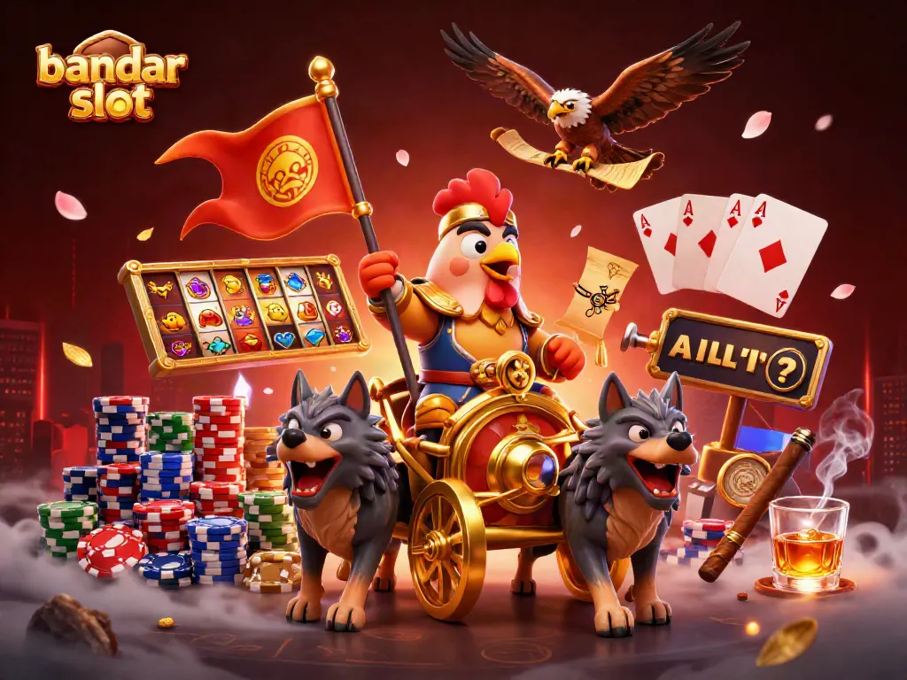 Putaran slot gacor di bandar slot dengan simbol berwarna-warni dan tumpukan chip poker yang megah