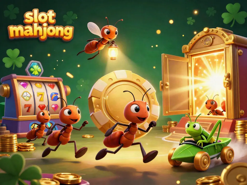 Experience a fun slot mahjong adventure as ants cart a giant poker chip through a vibrant casino.