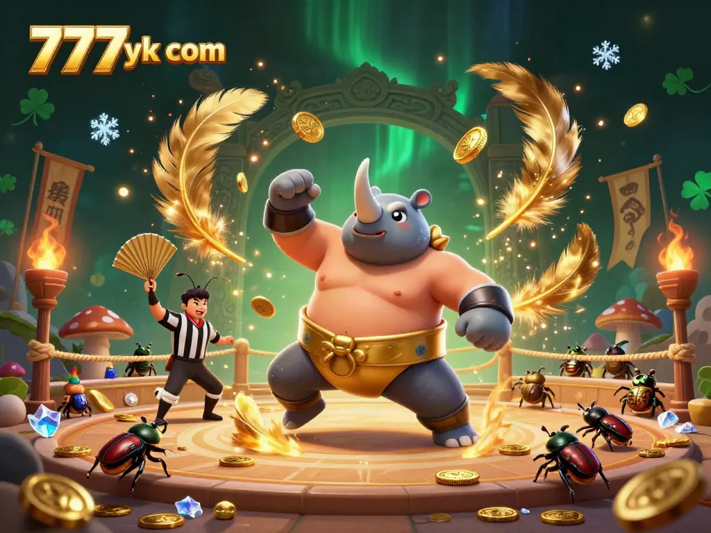Experience thrilling gameplay at 777yk com, featuring a sumo champion beetle amidst flying coins.