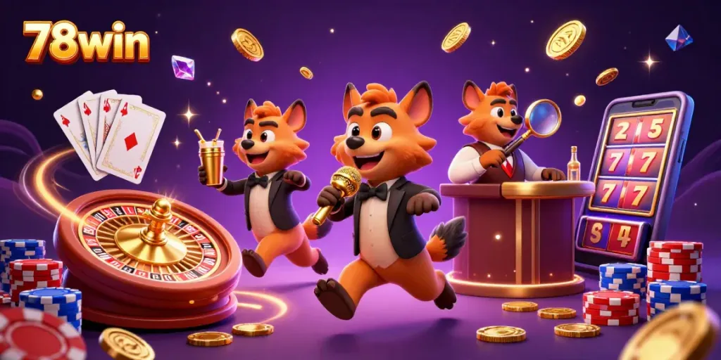 Experience the vibrant comedy casino scene at 78win with lively hyenas and exciting gaming elements.