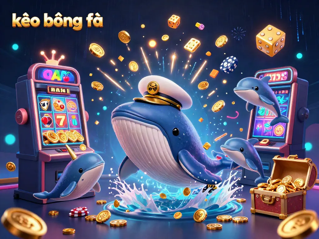 Catch thrilling kèo bóng đá action with a whale in a captain's coat and playful dolphins in a sea of coins.