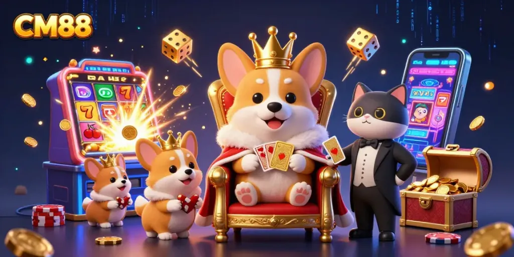 Experience the excitement at CM88 casino with a royal corgi and a dazzling jackpot explosion.