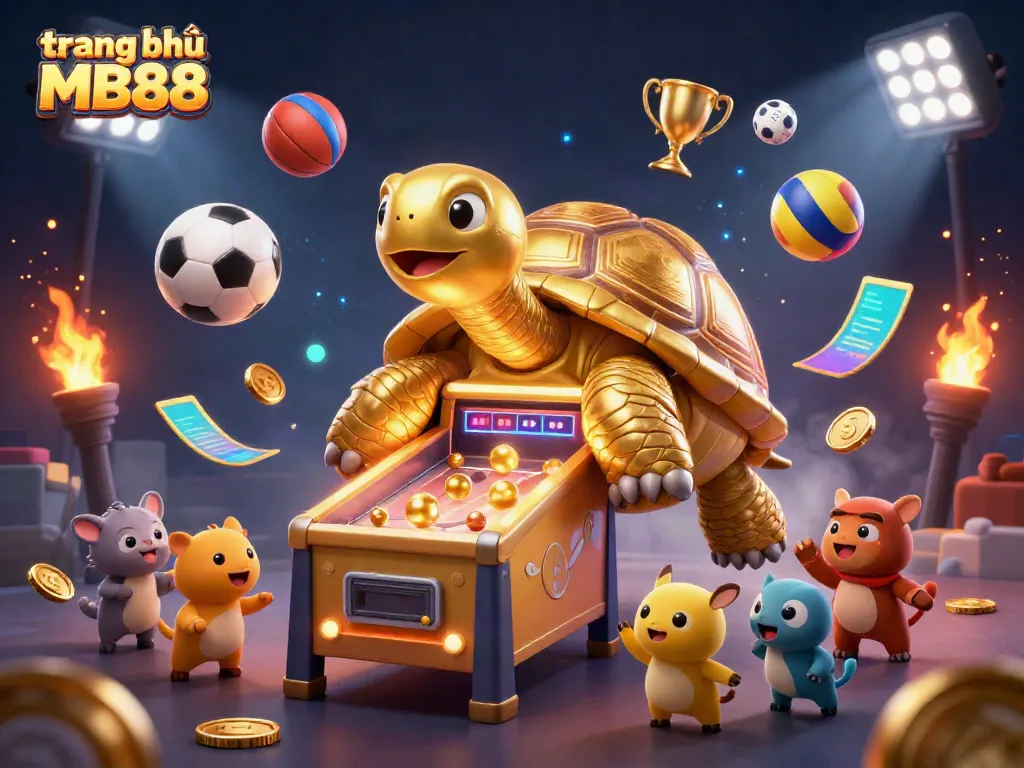 Engaging illustration of trang chủ MB88 with dynamic sports elements and a playful golden tortoise game.
