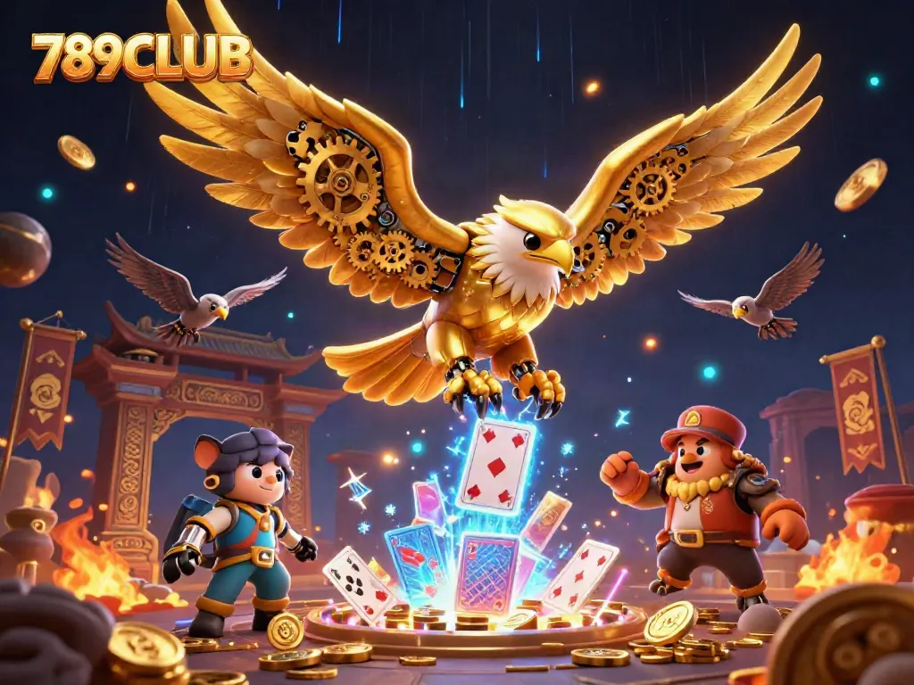 789CLUB cybernetic eagle dives through holographic cards in a vibrant casino-themed illustration.