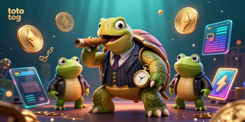 Experience the excitement of toto tog with a lively 3D turtle in a casino scene filled with crypto elements.