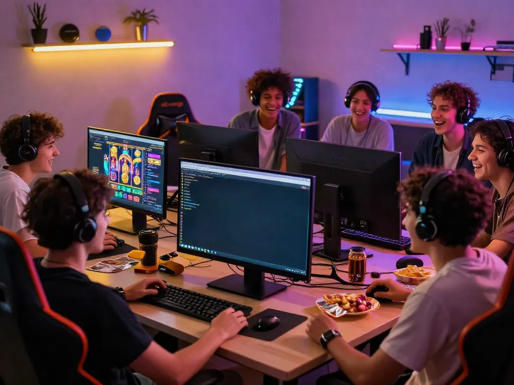Friends enjoying an online gaming session on akunjp, vibrant slot game on screen.