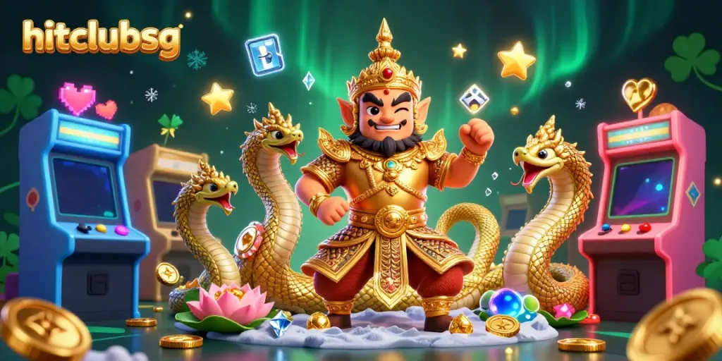 Experience the vibrant world of hitclubsg with 3D casino elements and a dynamic guardian character.