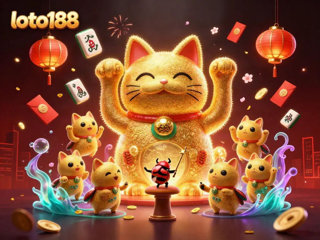 Experience thrilling gameplay at loto188 with a vibrant lucky cat ambiance and casino symbols.