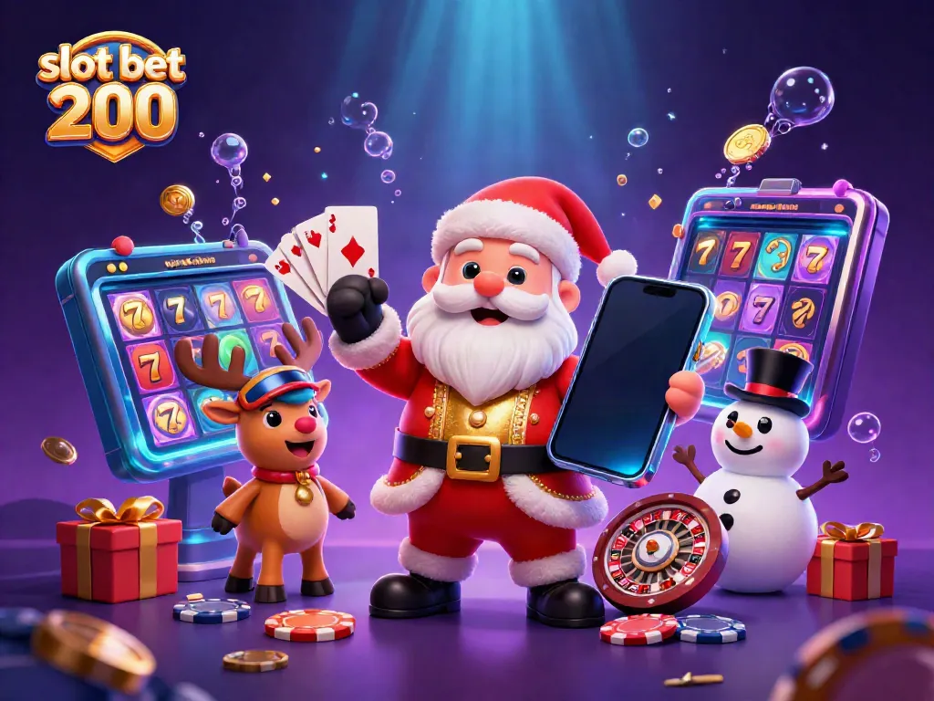 Experience excitement with slot bet 200 featuring a festive Santa, jackpot slots, and casino fun.