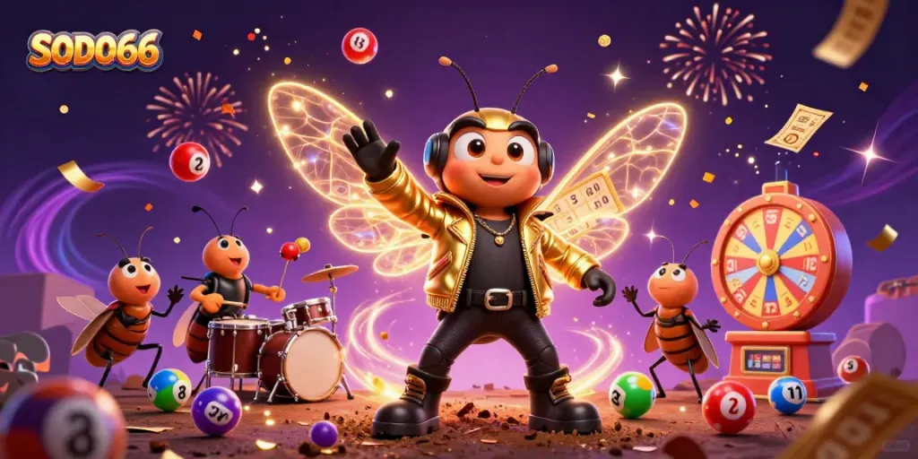 Experience the excitement of SODO66 with a vibrant casino scene featuring a rock star cicada and dynamic game elements.