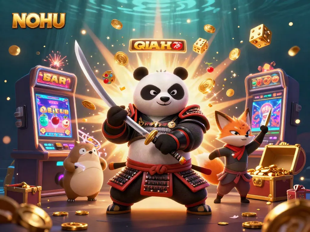 Catch the thrill at NOHU: immersive 3D illustration showcasing vibrant samurai panda, ninja fox, and magical tanuki in a thrilling casino environment.