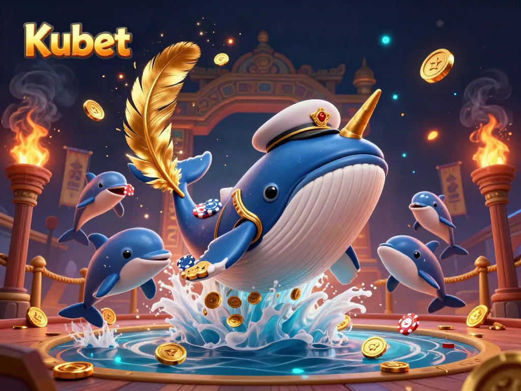 Experience thrilling wins with Kubet at a vibrant casino scene featuring a whale, narwhal, and dolphins.
