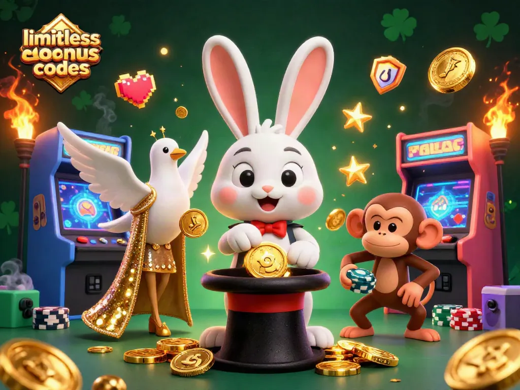 Engaging scene with limitless casino bonus codes featuring a magician rabbit, dove, and monkey with poker chips.