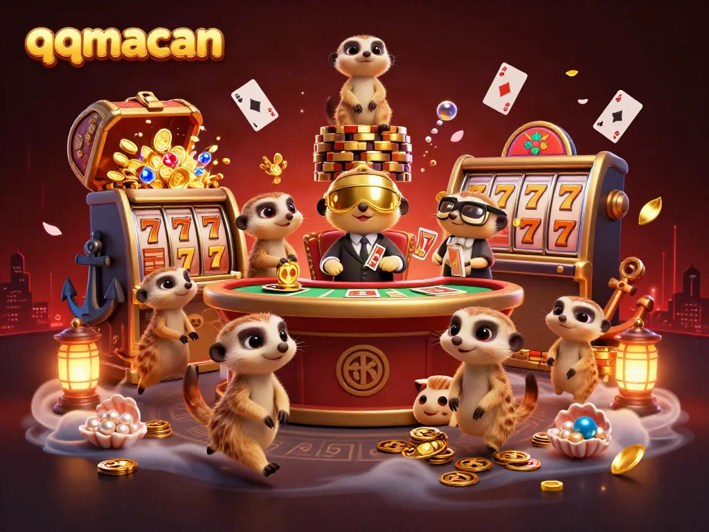 Experience thrilling gameplay with qqmacan's fun meerkat casino scene featuring colorful gems and golden treasures.