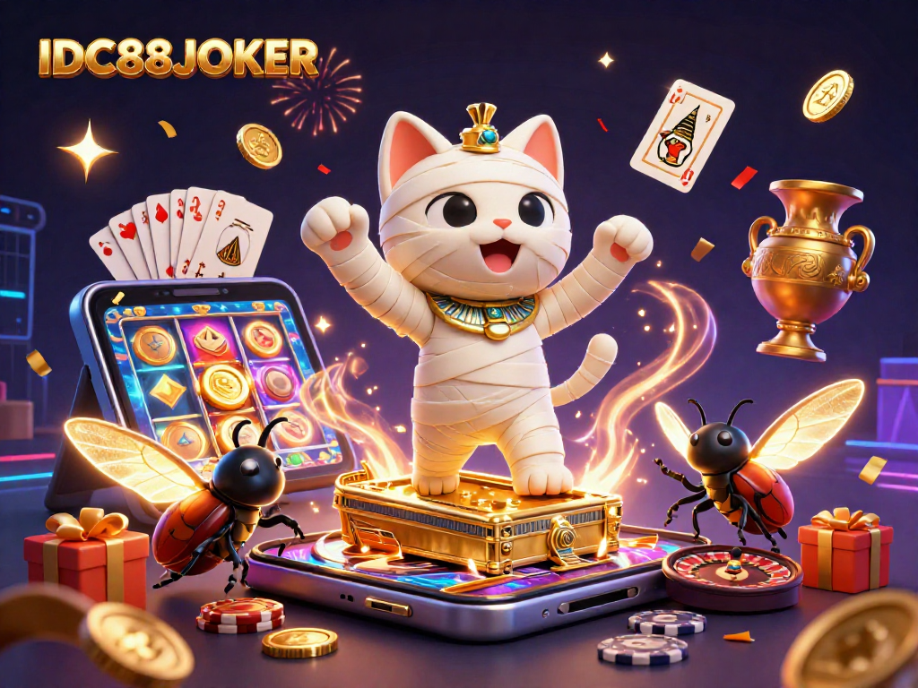 Engage with the thrilling world of IDC88JOKER, featuring an exciting 3D scene with a mummy cat and golden game elements.