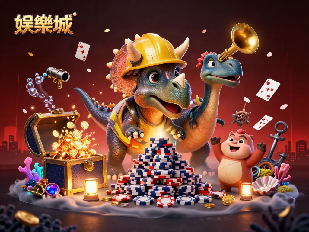 這幅圖描繪一隻穿著安全帽的三角龍，建造娛樂城的撲克籌碼金字塔，展現了博彩熱情。