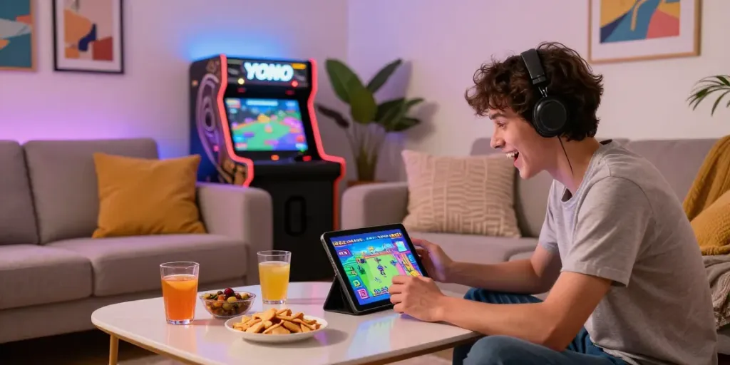 Engaging gameplay on Yono Arcade in a cozy living room setting.