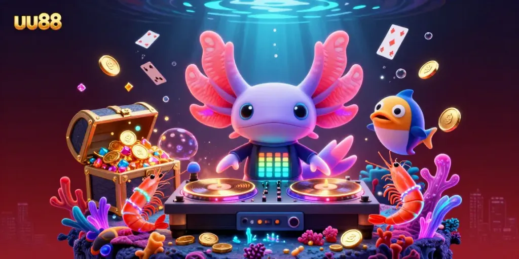 Play games with uu88, featuring vibrant underwater characters like a DJ axolotl and dancing shrimp amidst gold coins and poker cards.