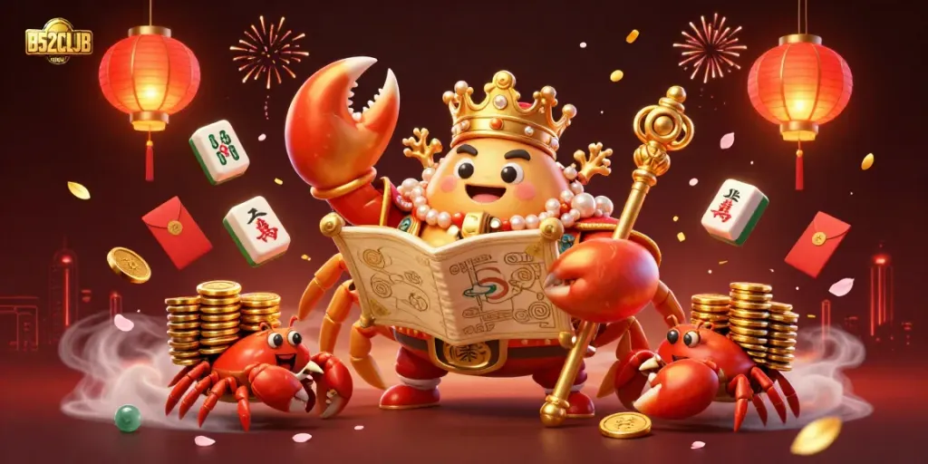 B52CLUB showcases an emperor crab with treasures and gambling symbols in a lively casino scene.