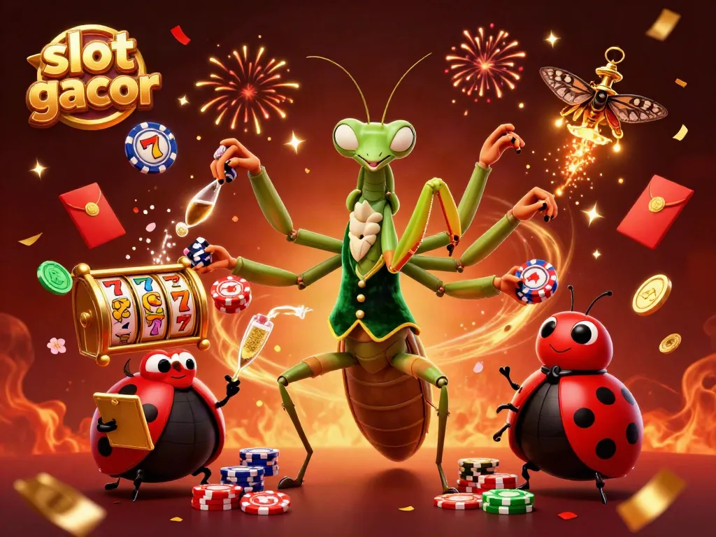 Ilustrasi slot gacor dengan karakter mantis raksasa dan pengawas ladybug di kasino yang meriah.