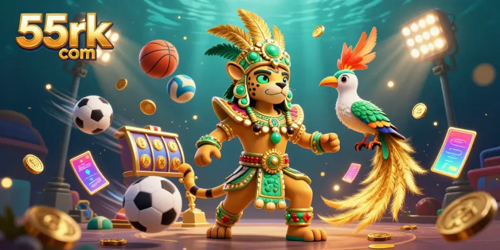 Experience dynamic gaming action with the 55rk com Mayan priest illustration capturing excitement, trophies, and symbols.