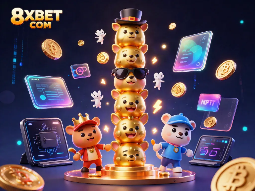 Experience the thrill of the casino with 8XBET COM, featuring a vibrant 3D scene of gaming elements.