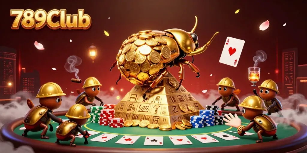 Engage in gaming action with 789CLub's vibrant casino scene featuring golden coins and poker elements.