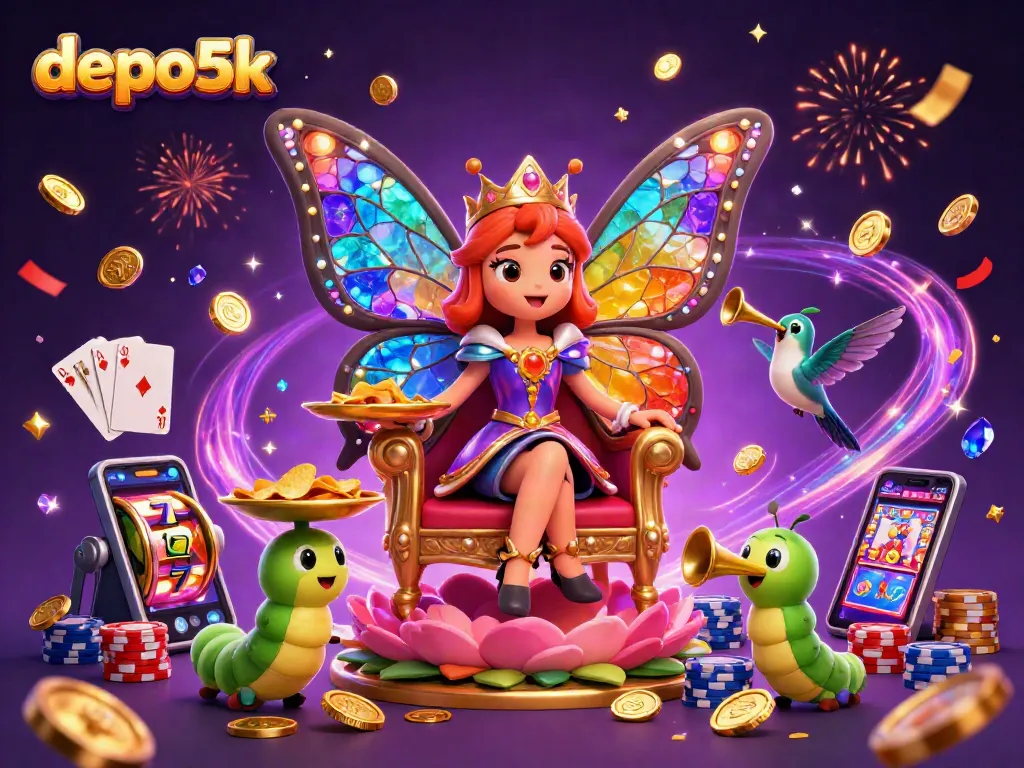 Spin the reels with depo5k as a whimsical butterfly queen presides over a vibrant casino scene.