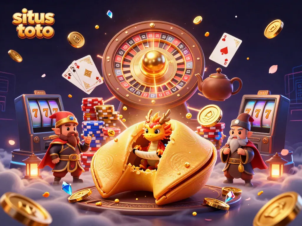 Experience situs toto with a vibrant 3D illustration of a golden cookie, lucky charms, and casino elements.