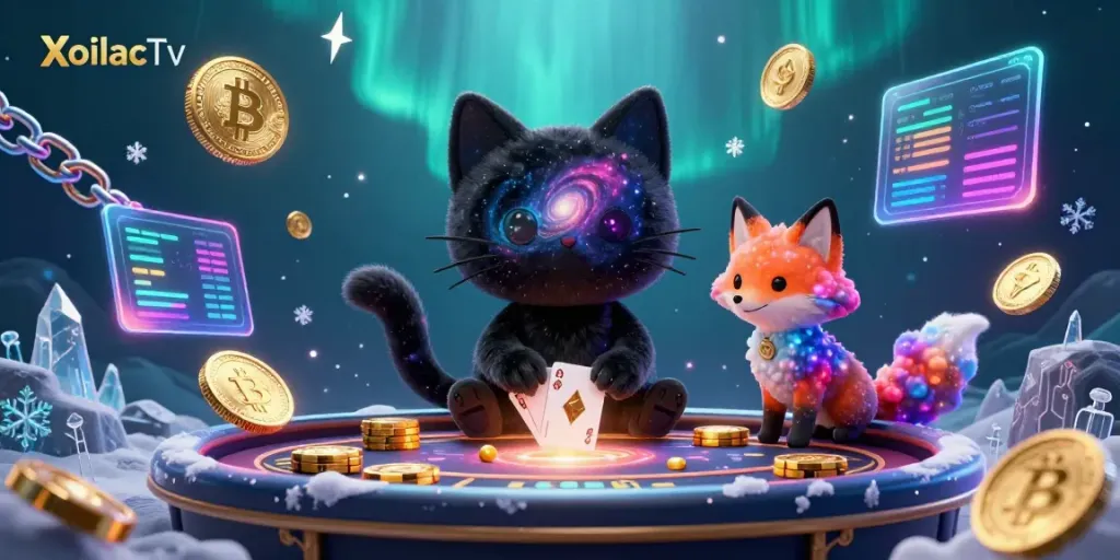 XoilacTv showcases a cosmic casino scene with a black hole cat and a nebulous fox, capturing the excitement of online gambling.