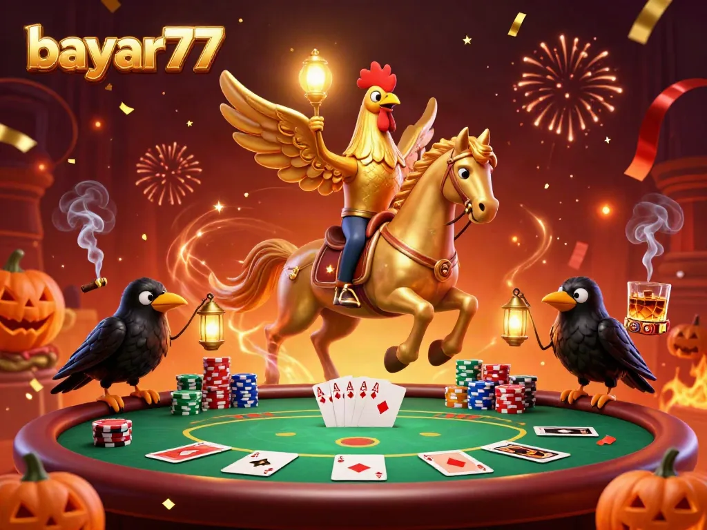 Experience high-energy gameplay with bayar77 in a captivating casino scene featuring a gold rooster and poker elements.