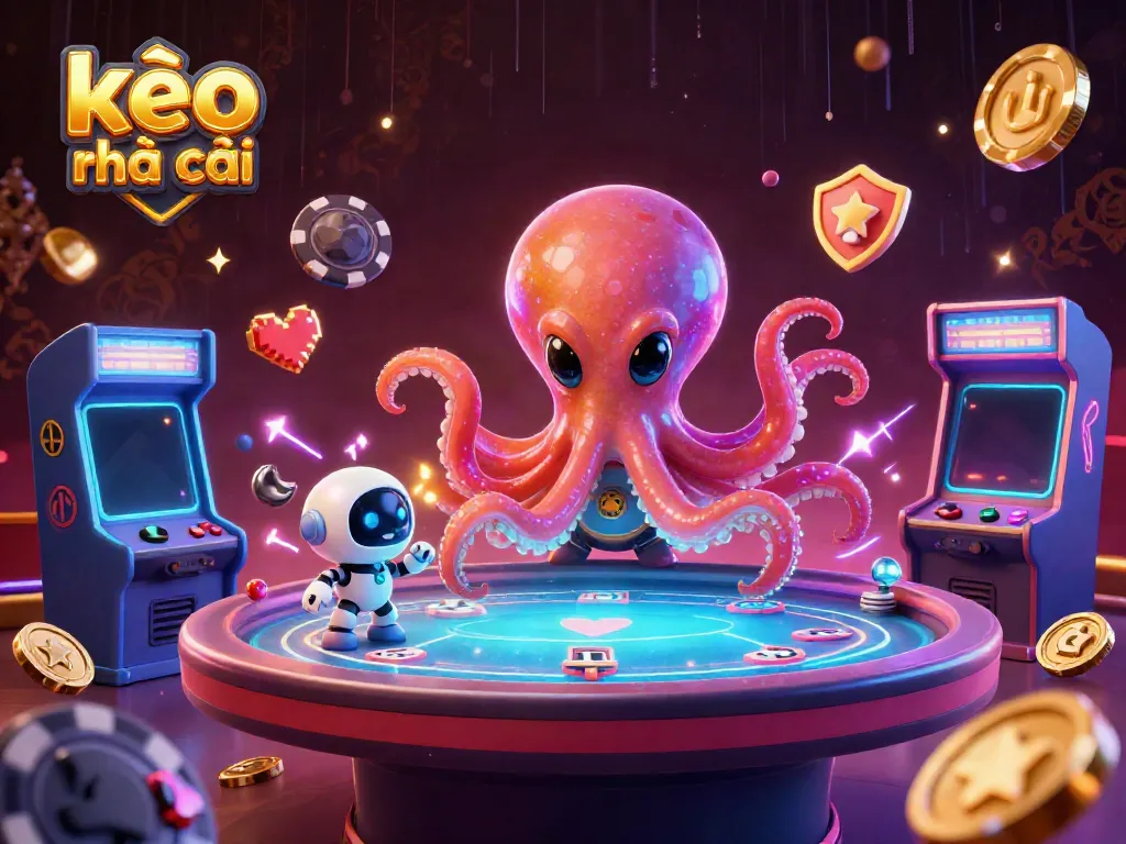 Engage with kèo nhà cái featuring a vibrant 3D alien octopus at a holographic poker table surrounded by orbiting chips and arcade machines.