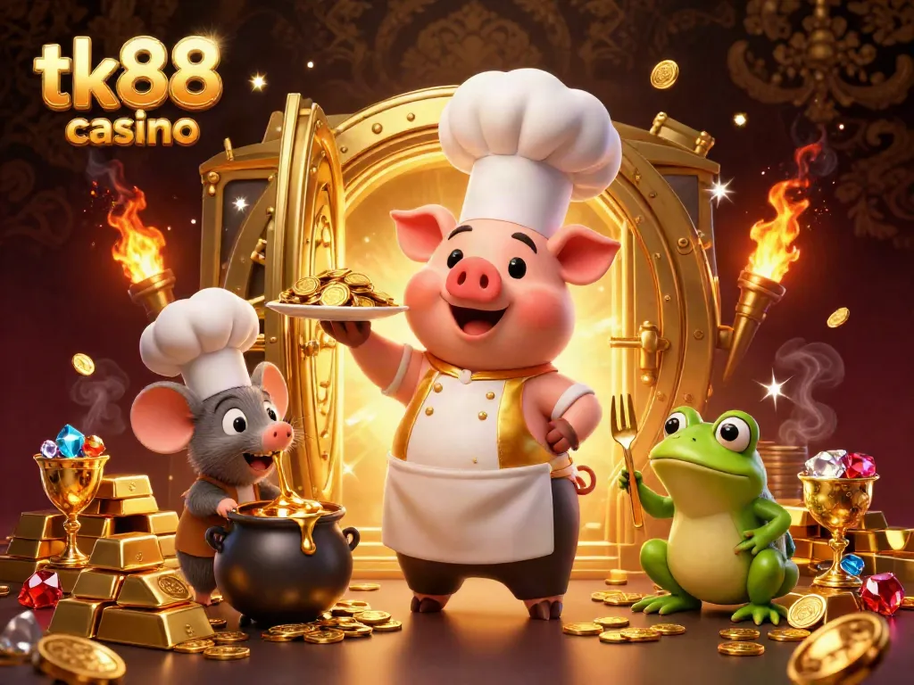 Experience excitement at tk88 casino with a vibrant illustration depicting a chef pig serving golden coins, highlighting riches and fun.