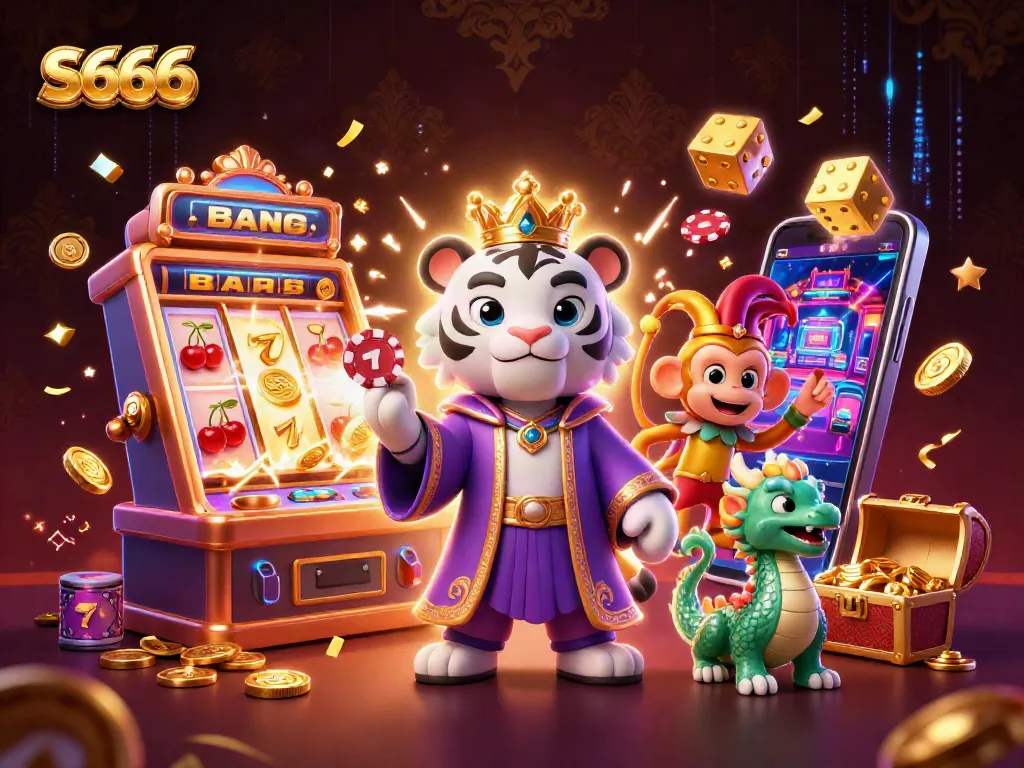 S666 provides an engaging casino experience with vibrant characters and exciting gameplay elements in a dynamic illustration.