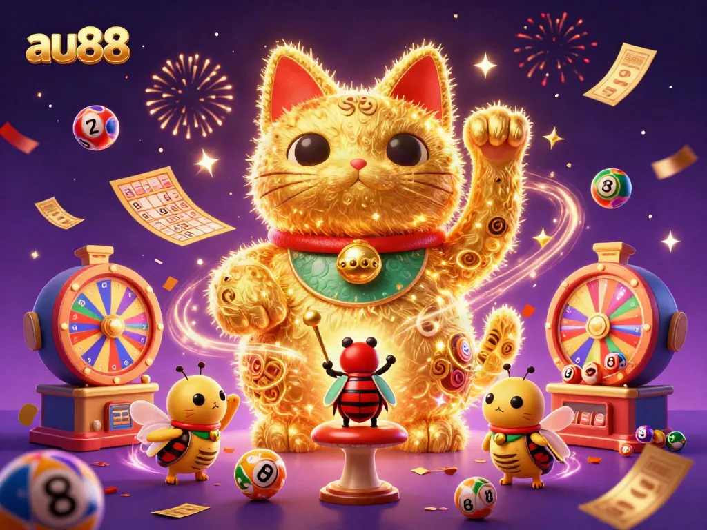 Engage with AU88's vibrant online gaming scene featuring golden fireflies, casino elements, and lottery excitement.