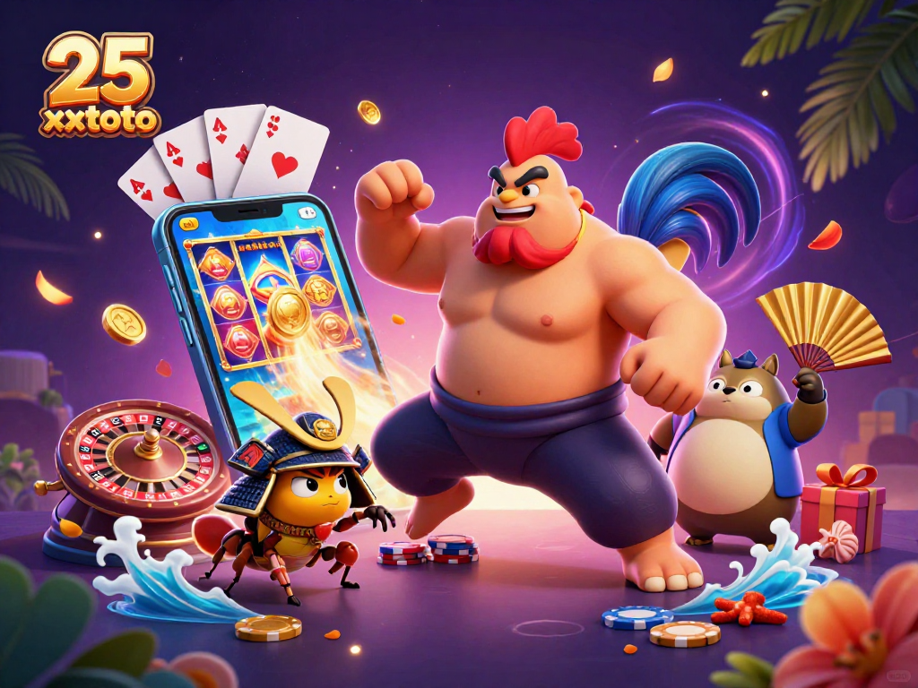 25 xxtoto memikat hadiah jackpot dalam ilustrasi kasino 3D yang kaya dan berwarna-warni.