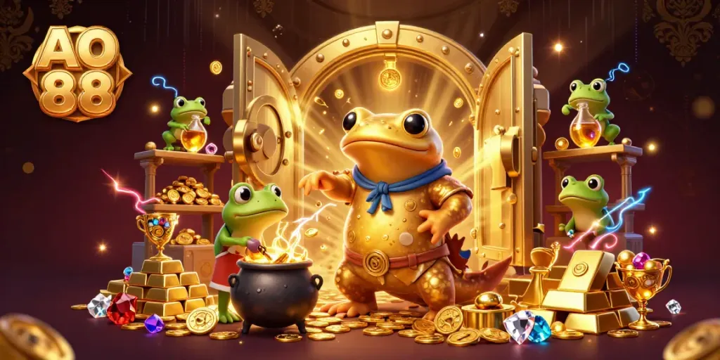 AO 88 depicts a golden alchemist and frog apprentice in a vibrant 3D casino scene filled with treasure.