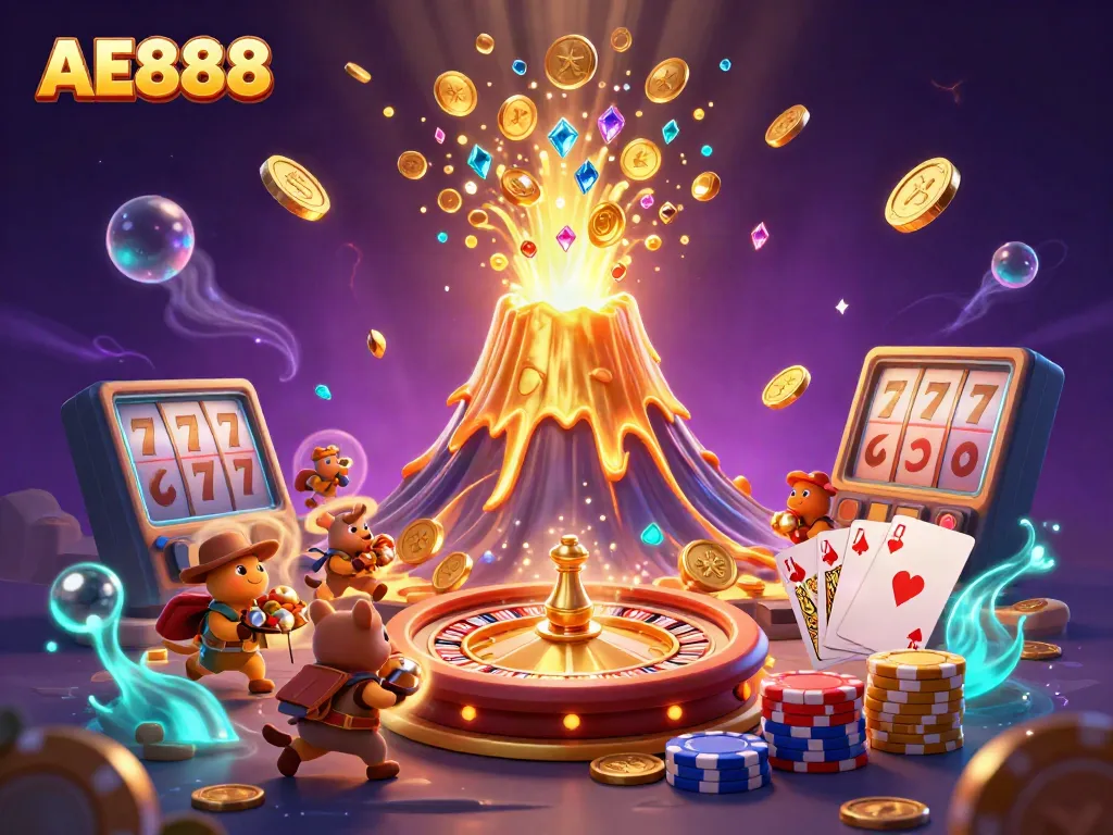 Experience the thrill of AE888 with golden treasures erupting from a magical volcano, highlighting exciting casino gameplay.