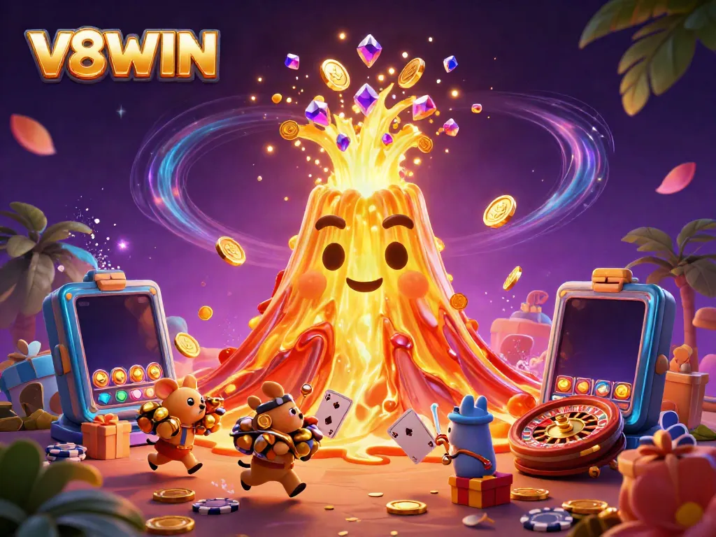 Experience winning moments with V8WIN as a golden volcano erupts treasures while explorer animals flee in delight.