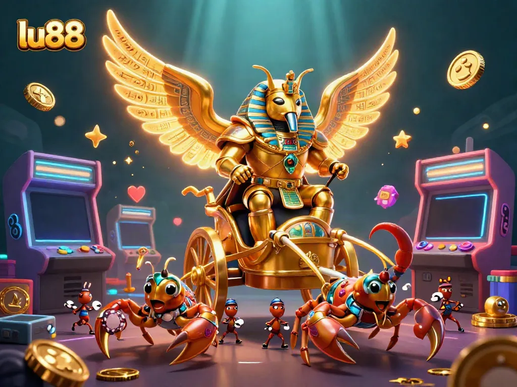 Engaging gaming scene showcasing lu88 with a golden scarab beetle, vibrant arcade machines, and casino elements.