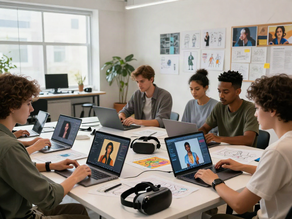 Artists collaborating on vibrant digital art using an ai porn generator.