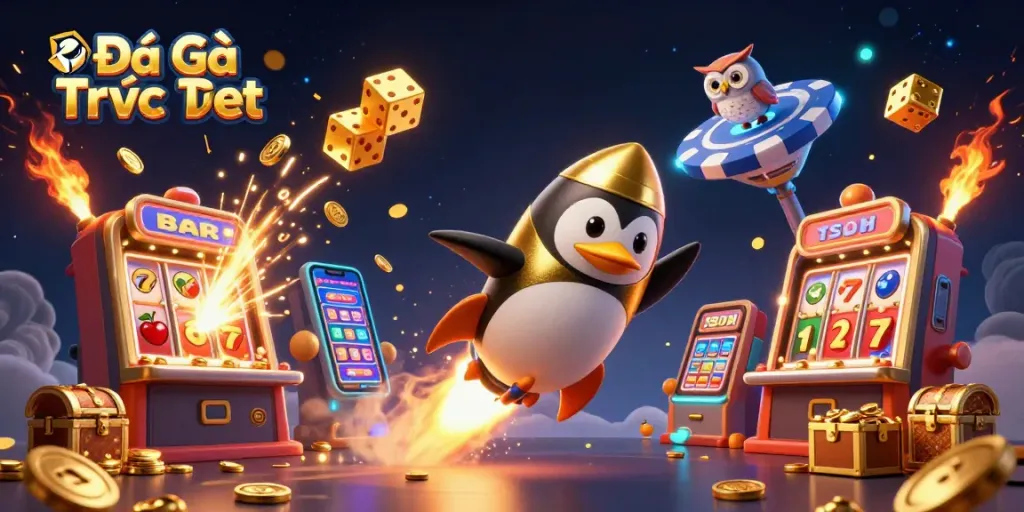Experience Đá Gà Trực Tiếp with a dynamic casino showdown featuring animated gold and action.