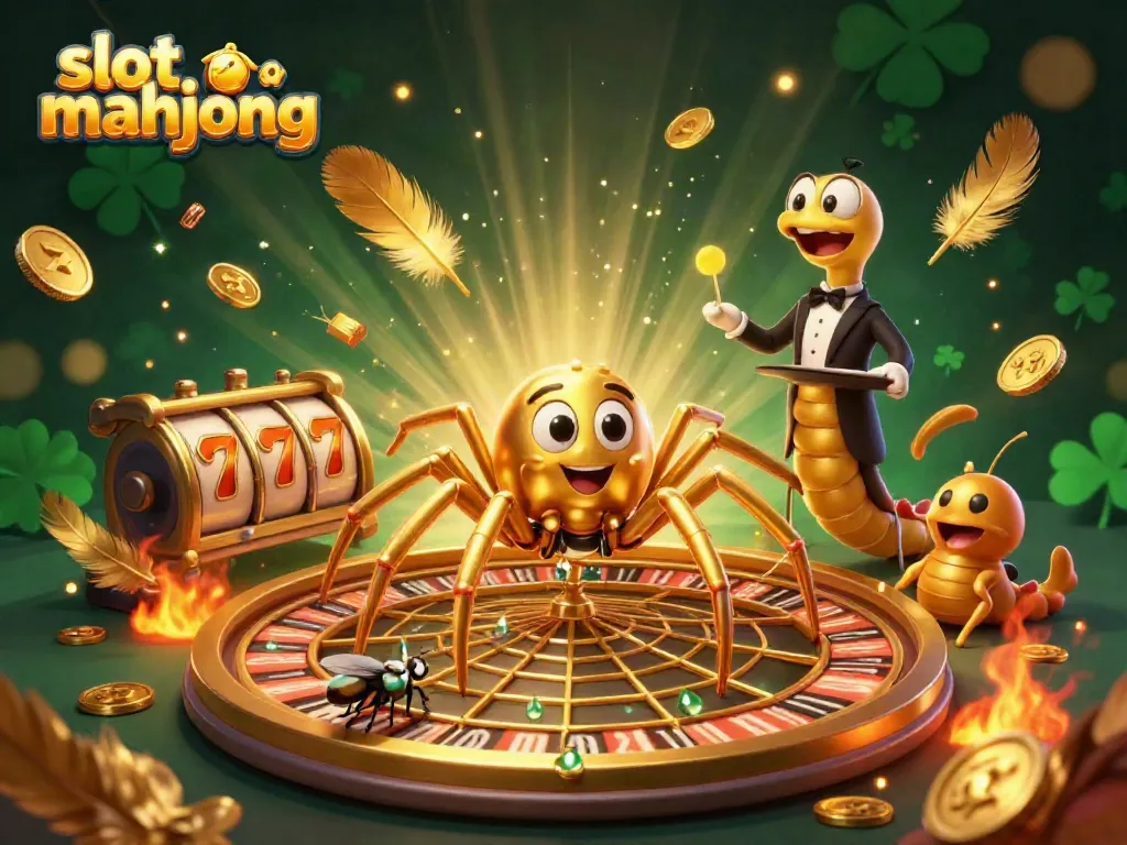 Experience the thrill of slot mahjong with a captivating scene of a spider spinning a roulette wheel.