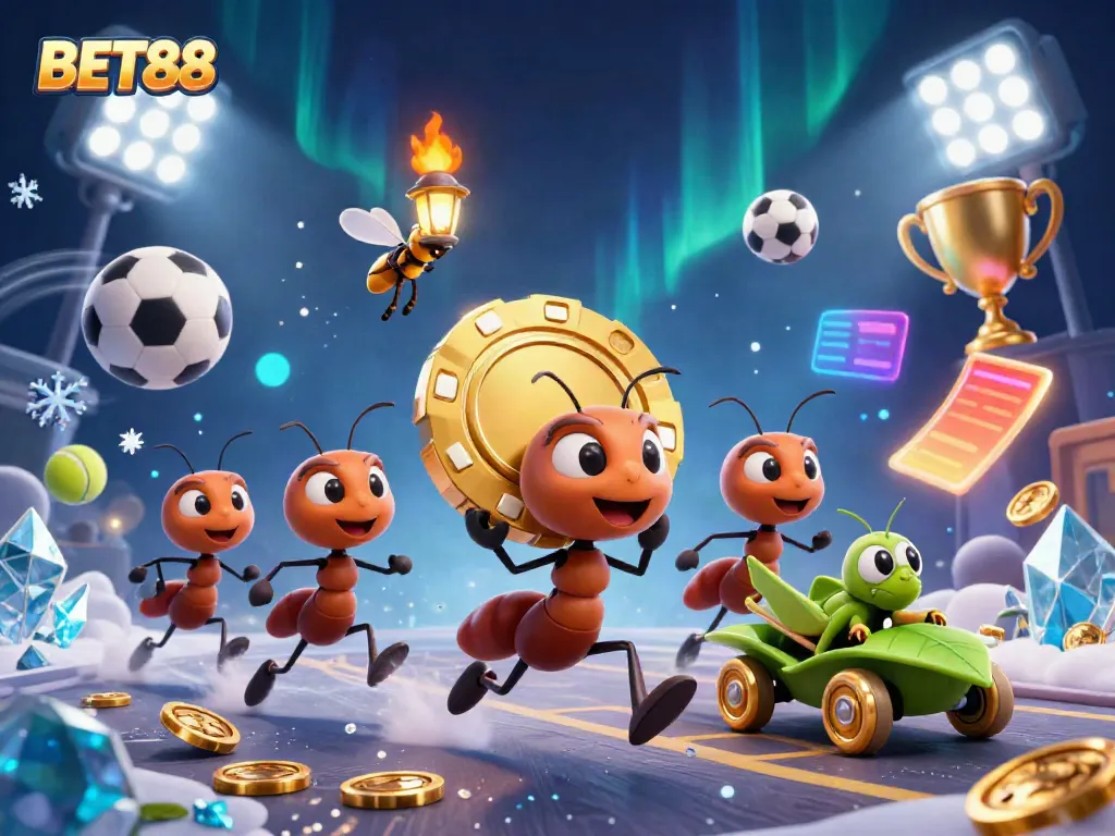 BET88 mang đến trải nghiệm chơi game hấp dẫn với đội quân kiến nâng thẻ poker vàng khổng lồ.