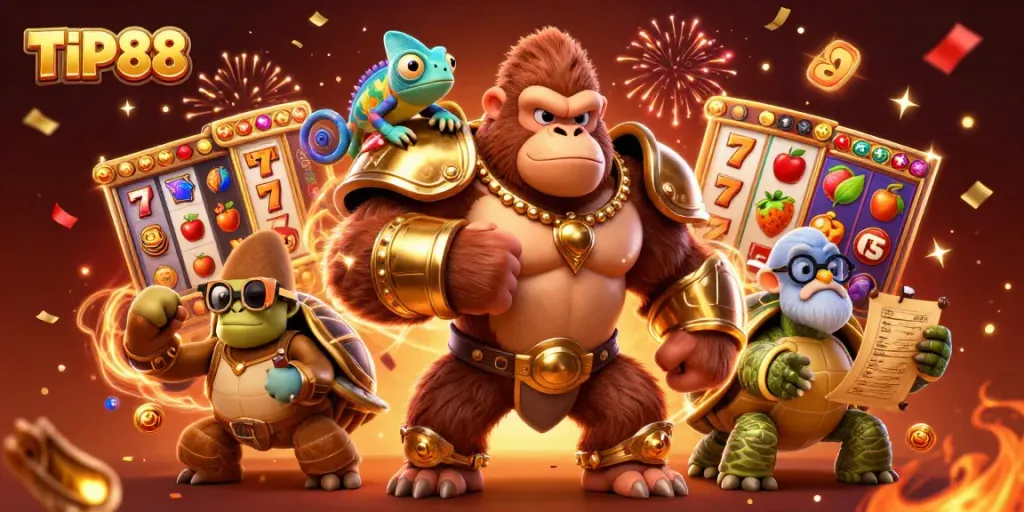 Engage in thrilling gameplay with TIP88's vibrant slot machines and colorful characters.