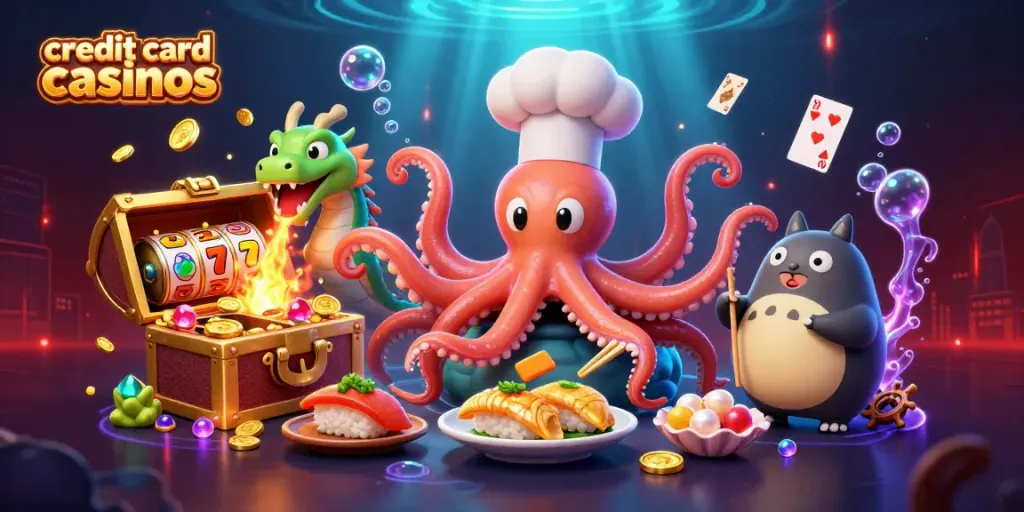 Engage at credit card casinos with dynamic digital illustration of playful casino characters and vibrant gaming elements.